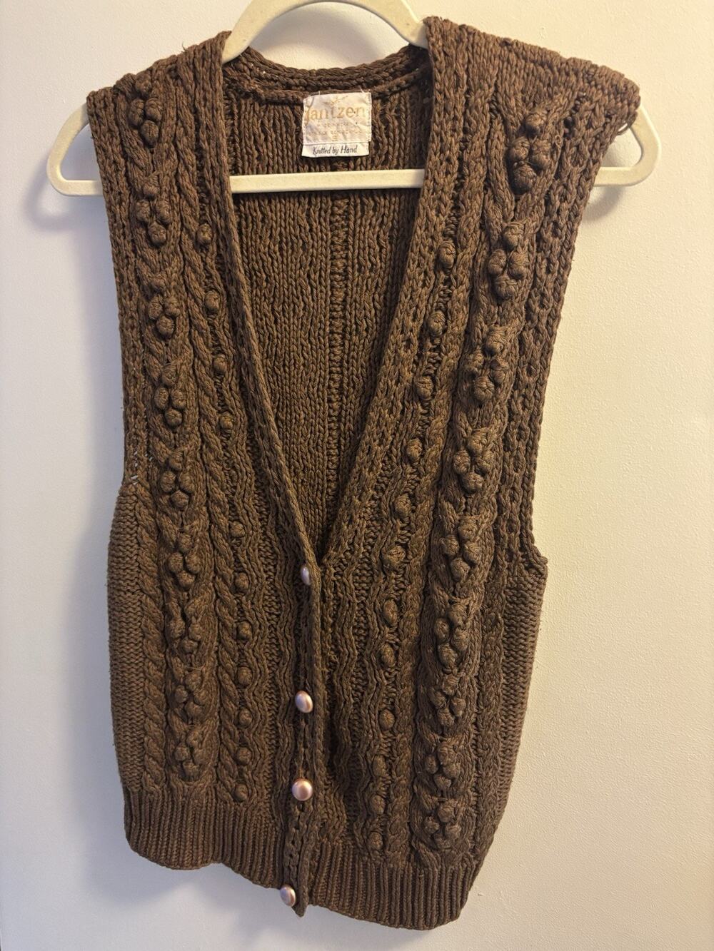 Vtg Hand Knit Sweater Vest 80% Silk Boho Cottagecore Cable Bobble Korea Brown S
